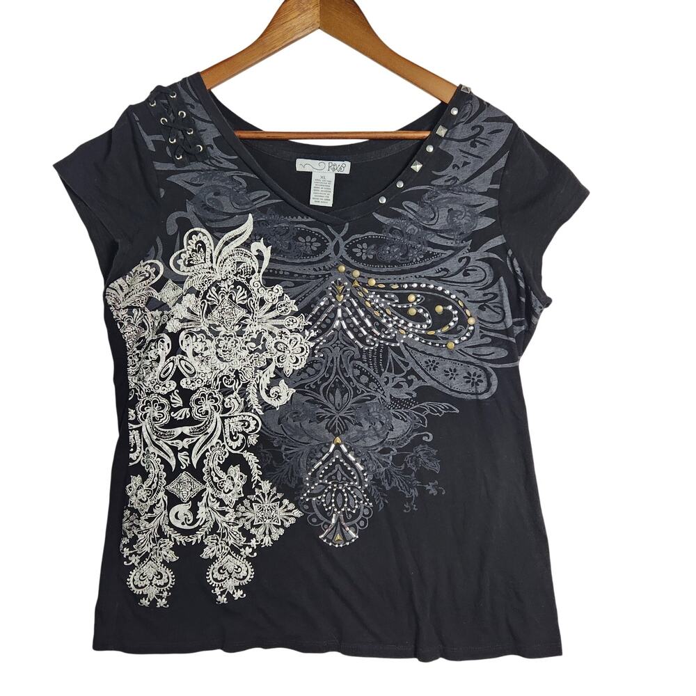 Vintage Y2K Black Studded Shirt Women XL Cybergoth Grunge Black Short Sleeve